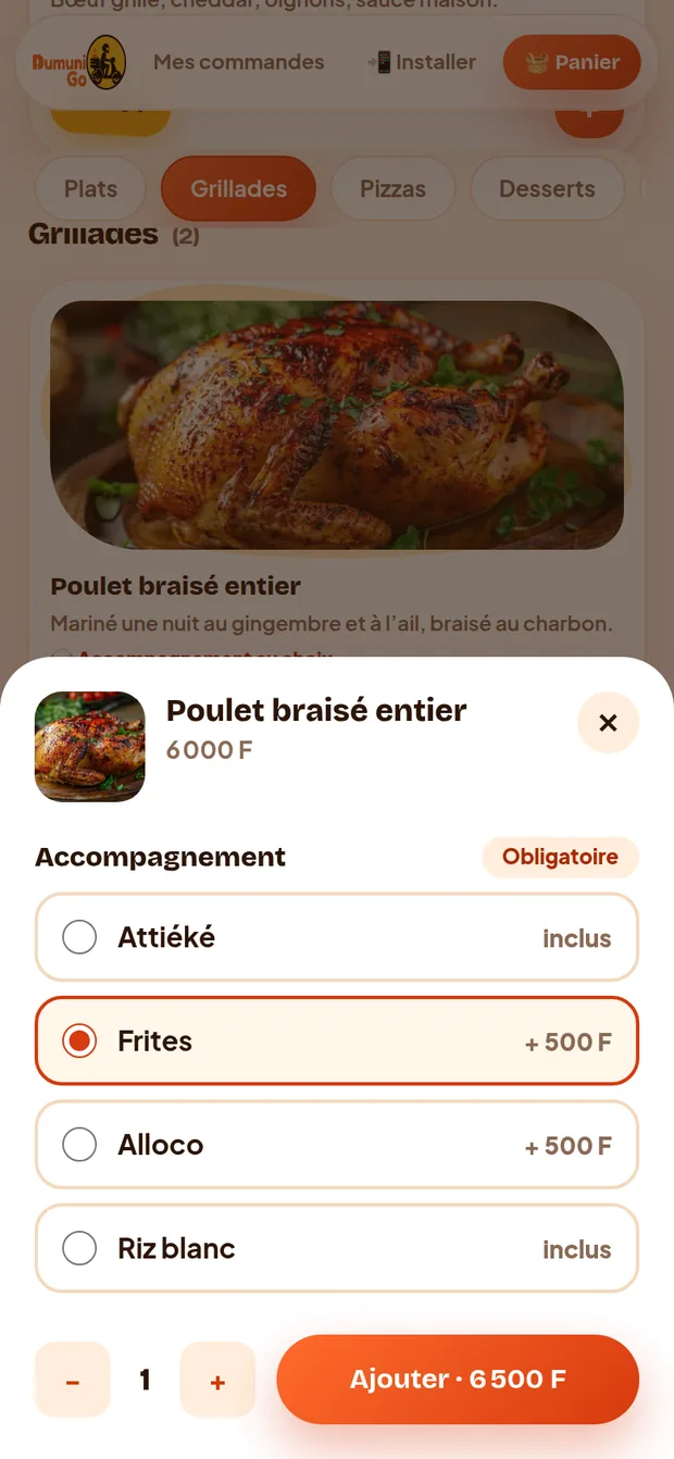 Choix de l’accompagnement : attiéké inclus, frites et alloco en supplément