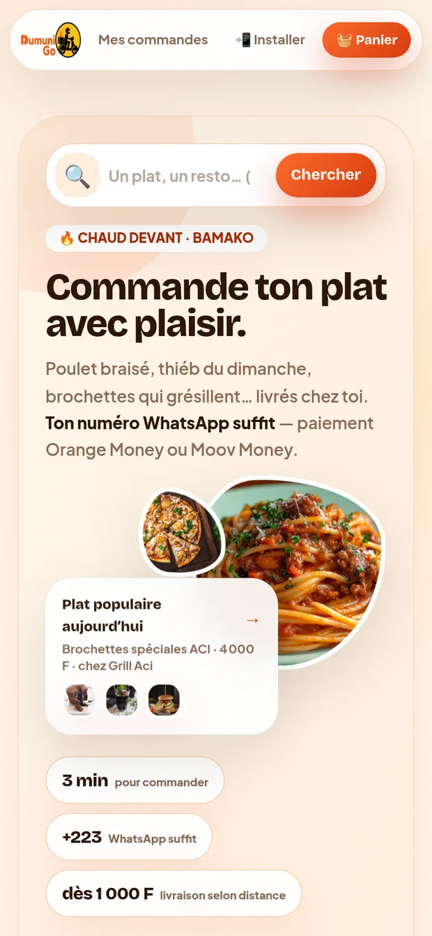 Accueil de l’application DumuniGo : recherche et restaurants ouverts à Bamako