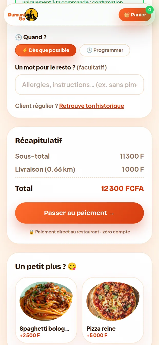 Adresse, numéro WhatsApp, livraison dès que possible ou programmée, récapitulatif
