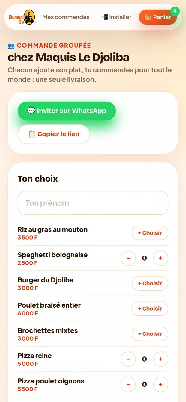Commande groupée : inviter sur WhatsApp, chacun choisit son plat
