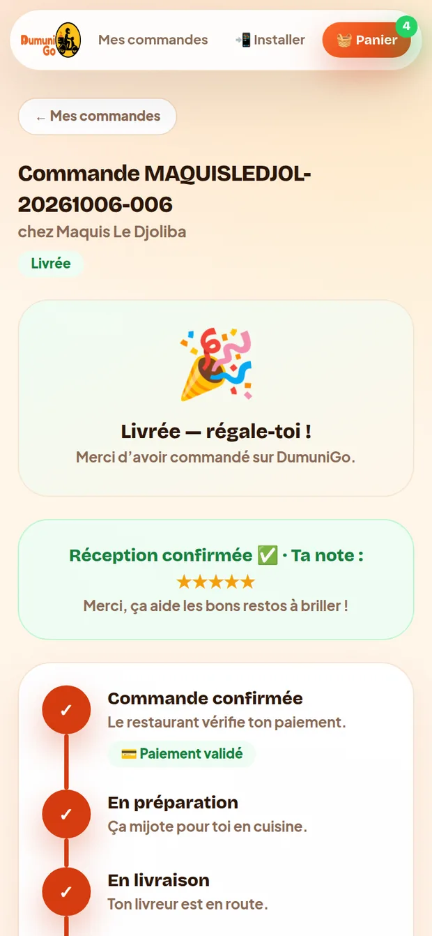 Commande livrée, réception confirmée et note en étoiles