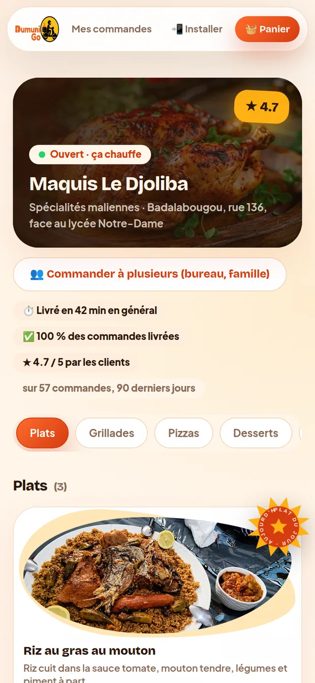 Menu d’un restaurant sur DumuniGo, avec photos et catégories