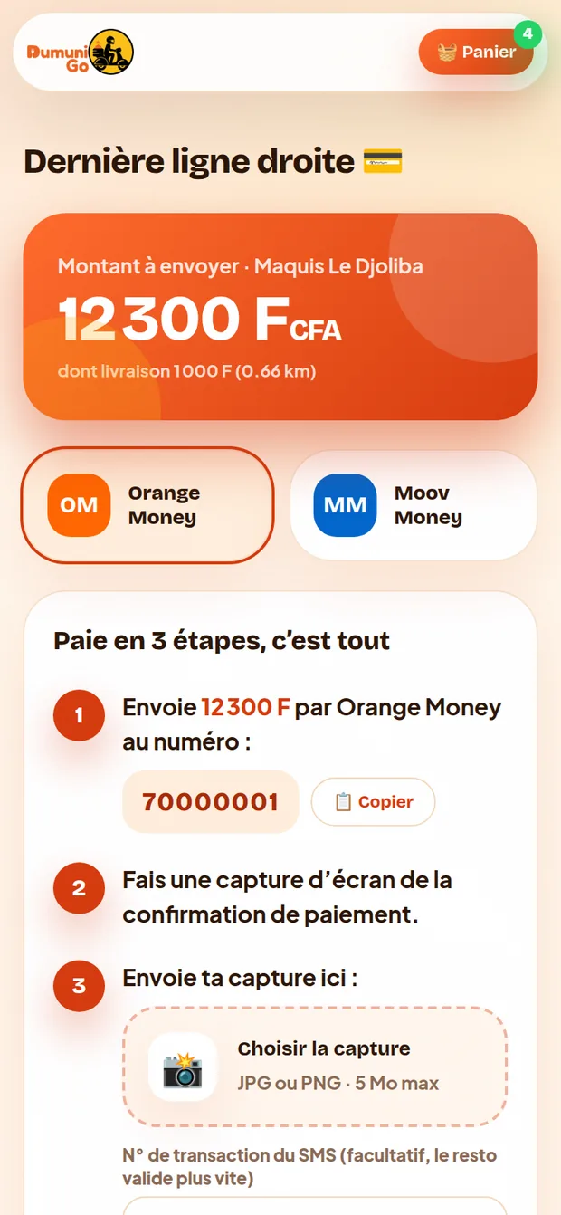 Paiement par Orange Money ou Moov Money, en trois étapes