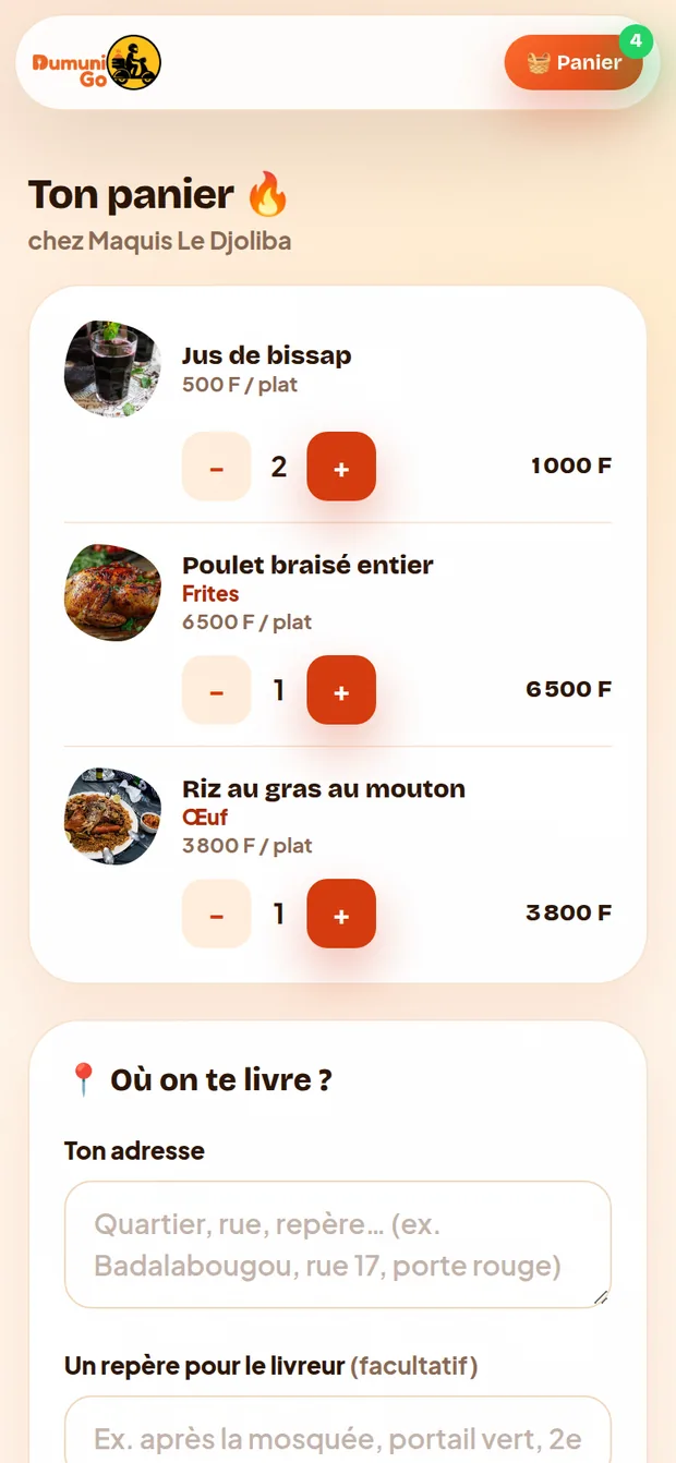 Le panier DumuniGo : plats, accompagnements, quantités et totaux