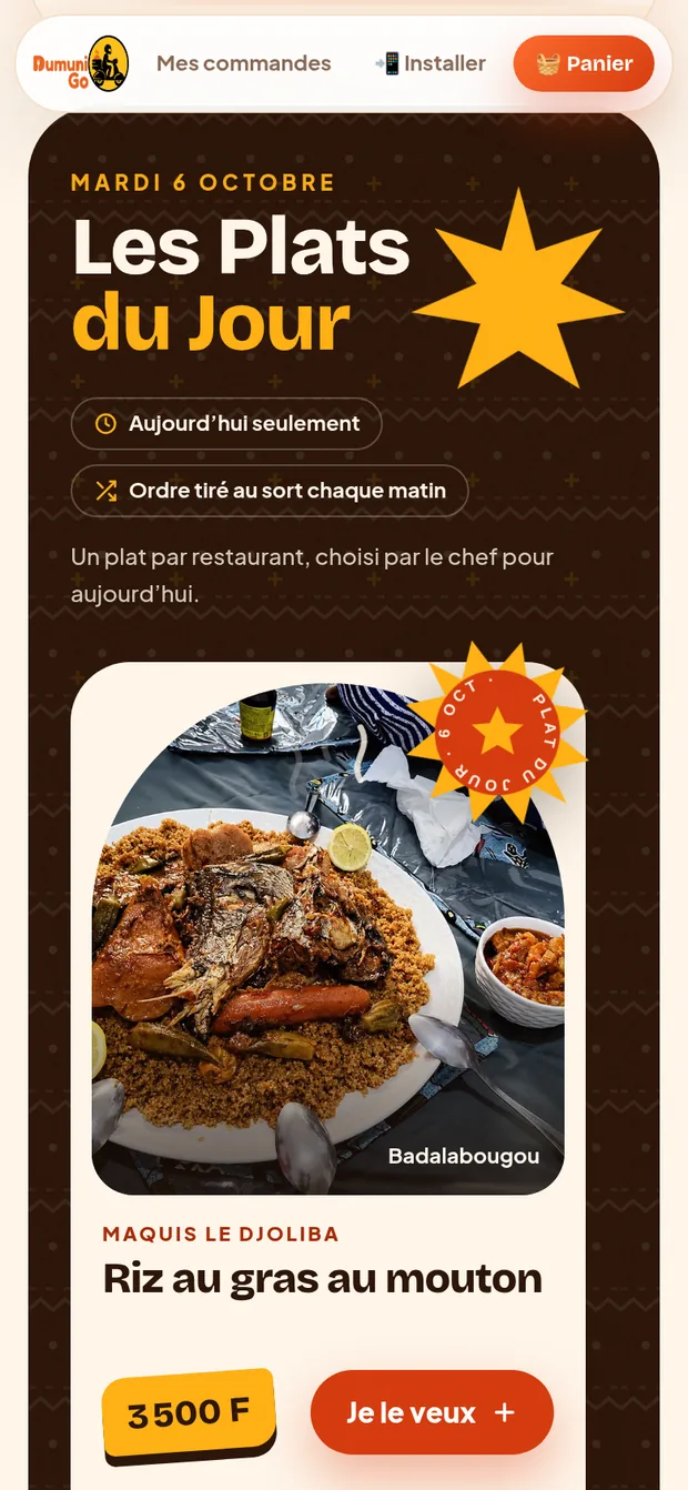 Les Plats du Jour sur DumuniGo, avec la grande étoile et le prix