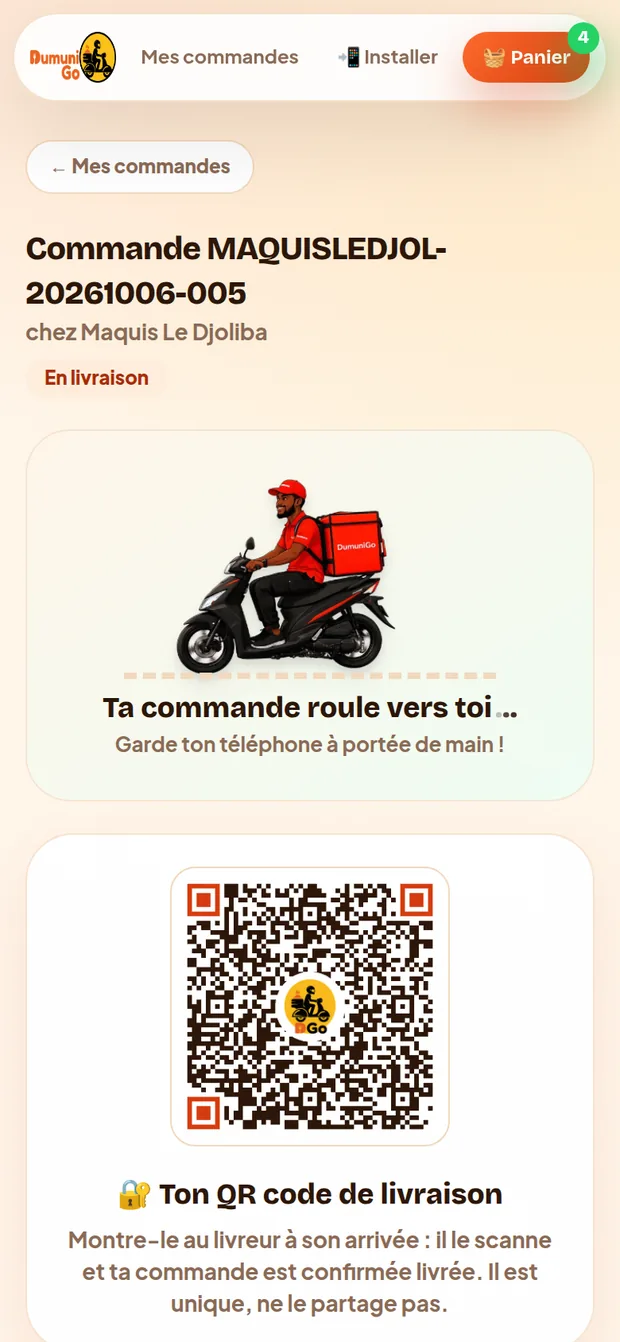Suivi de commande : en livraison, avec le QR code de livraison