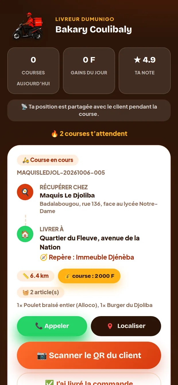 L’écran du livreur : courses du jour, adresse, montant, boutons Appeler et Localiser