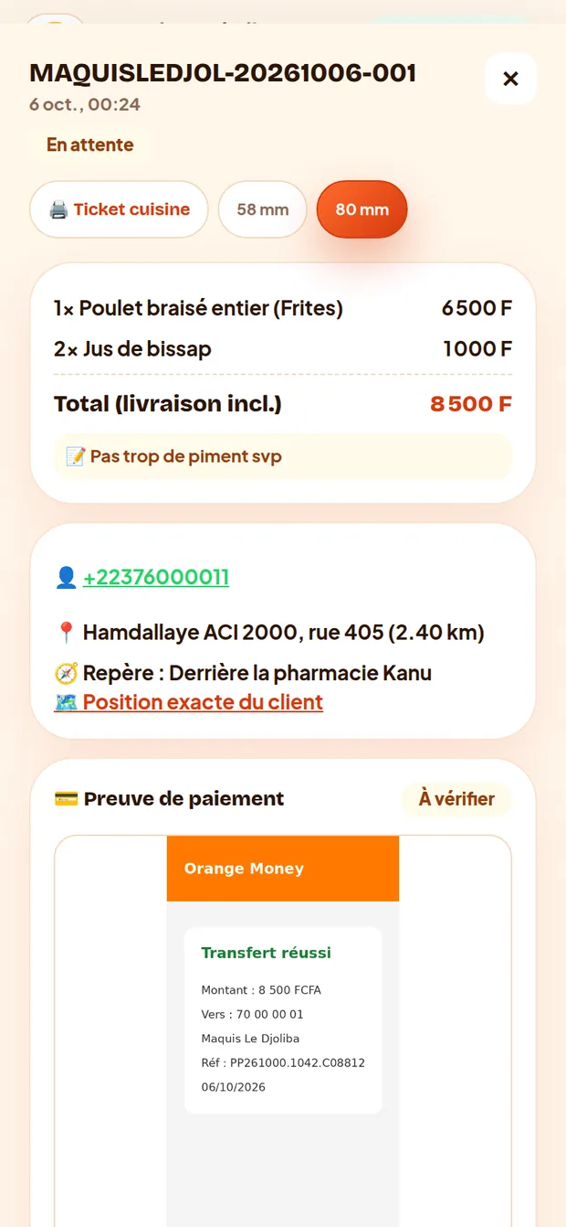Fiche commande : plats, adresse et repère, capture du paiement à vérifier