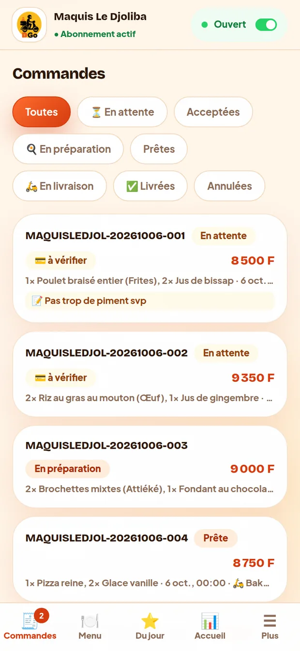 La liste des commandes, filtrée par état : en attente, en préparation, prêtes, en livraison