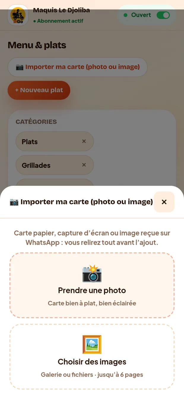 Importer sa carte : prendre une photo ou choisir des images