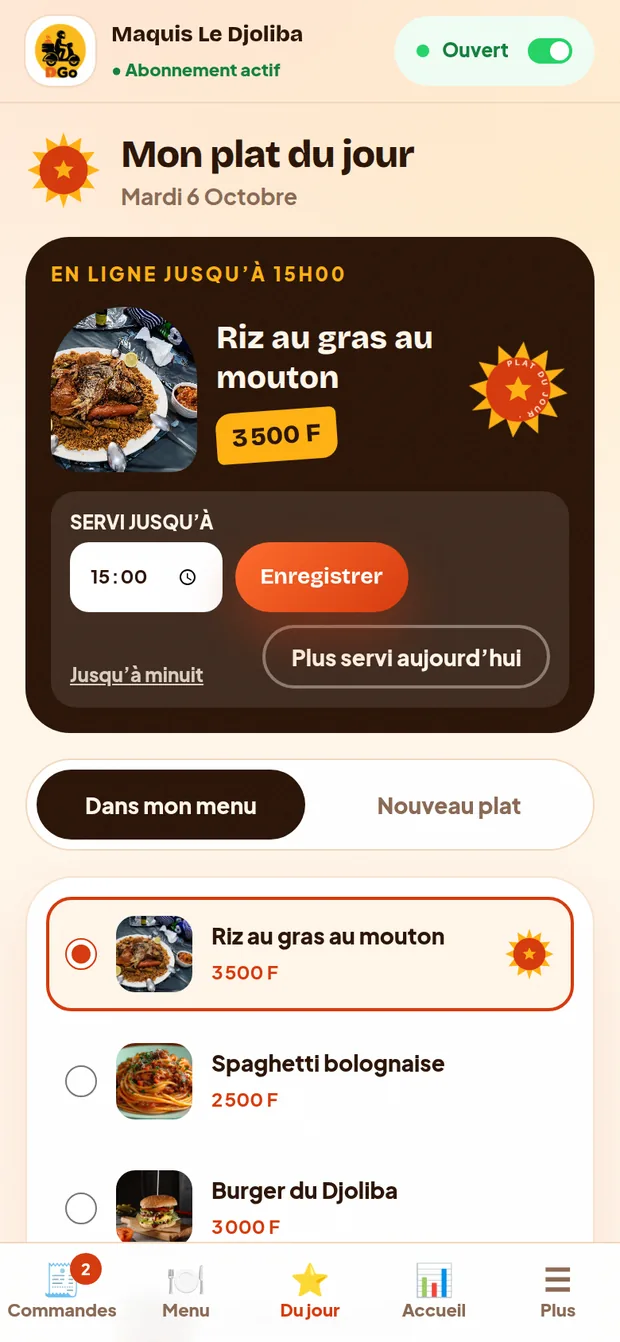 Page Plat du jour : servi jusqu’à 15 h, choisir dans le menu ou nouveau plat