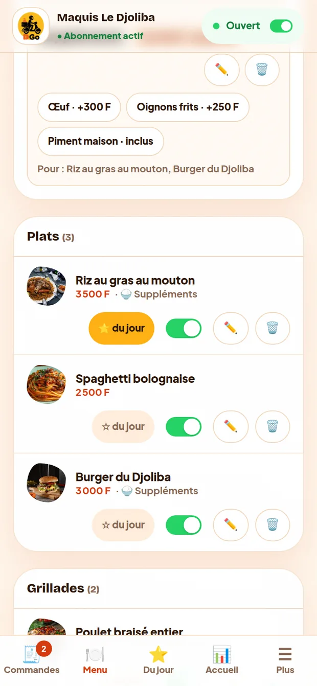Les plats du menu, avec l’interrupteur de disponibilité et l’étoile du jour
