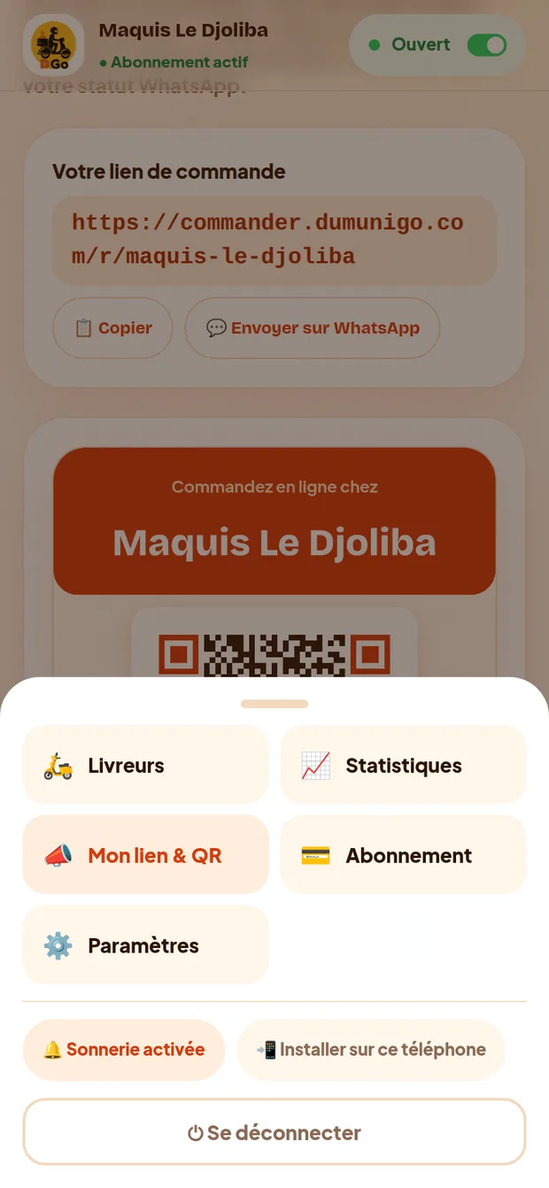 Le menu Plus : livreurs, statistiques, lien et QR, mes comptes, paramètres, guide