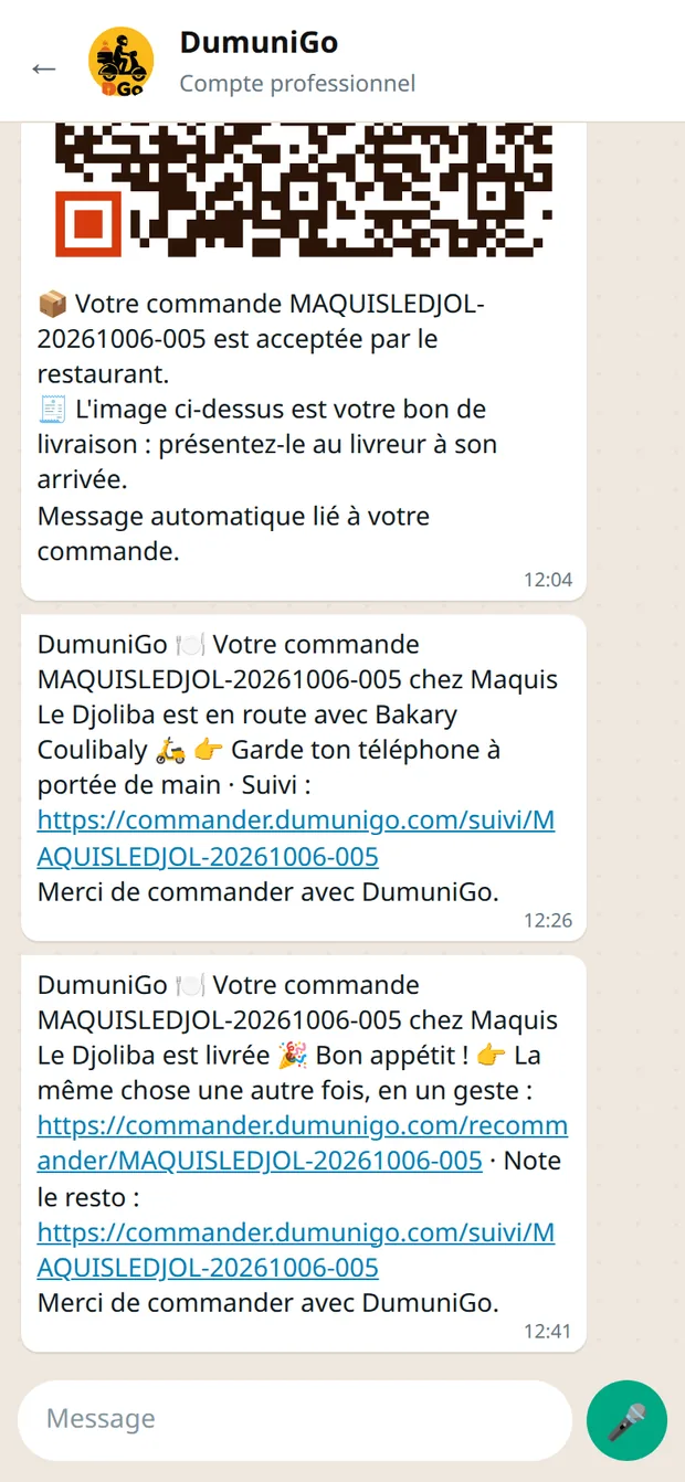 Messages WhatsApp reçus par le client : commande reçue, acceptée, bon de livraison, en route, livrée