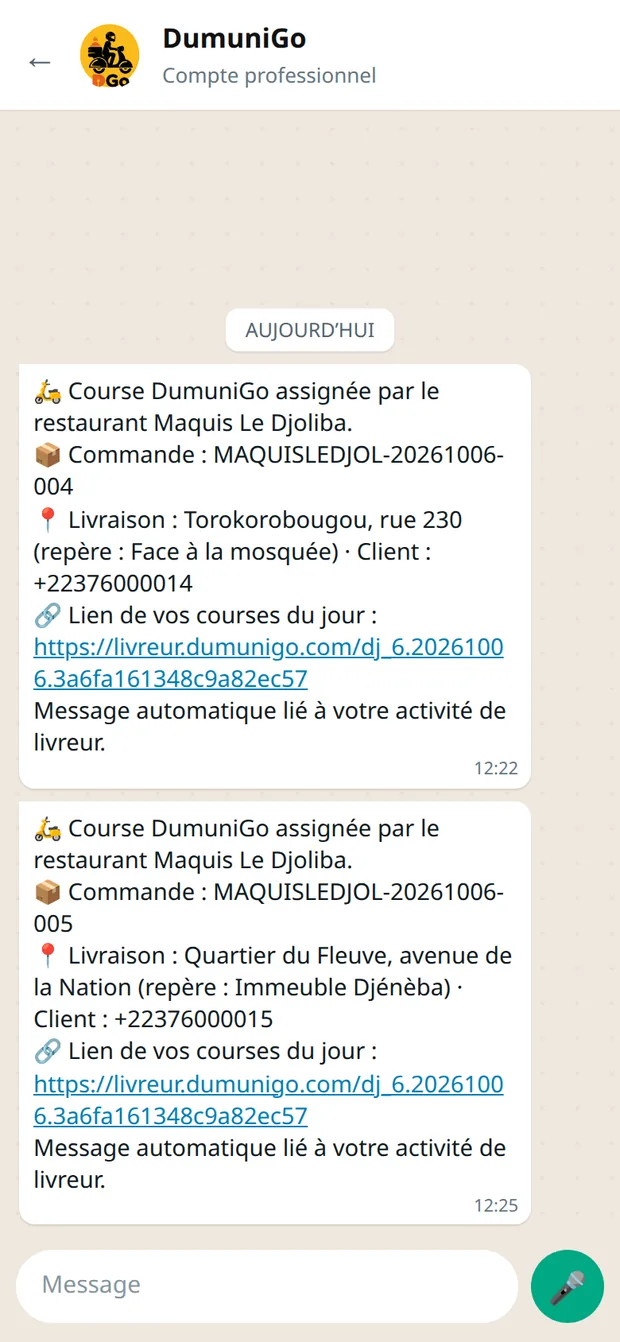 Le message WhatsApp du livreur : restaurant, commande, adresse, lien du jour