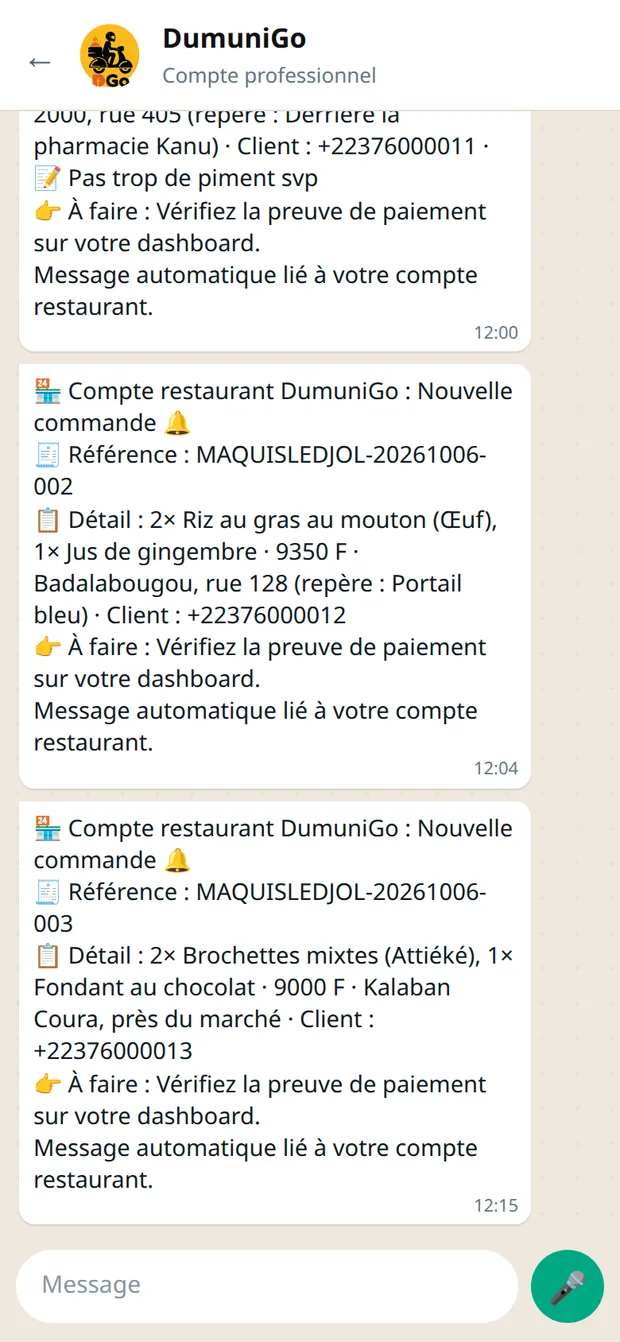 Alertes WhatsApp du restaurant : nouvelle commande, détail, adresse, client