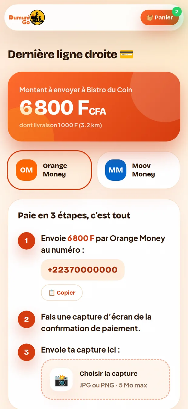 Paiement Orange Money ou Moov Money