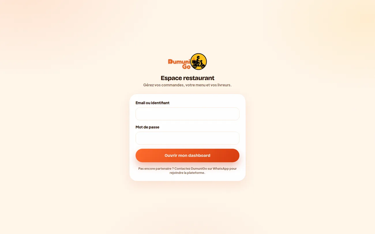 Page de connexion de l’espace restaurant