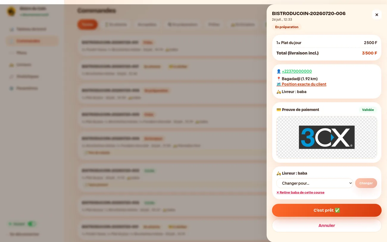 Fiche commande avec preuve de paiement