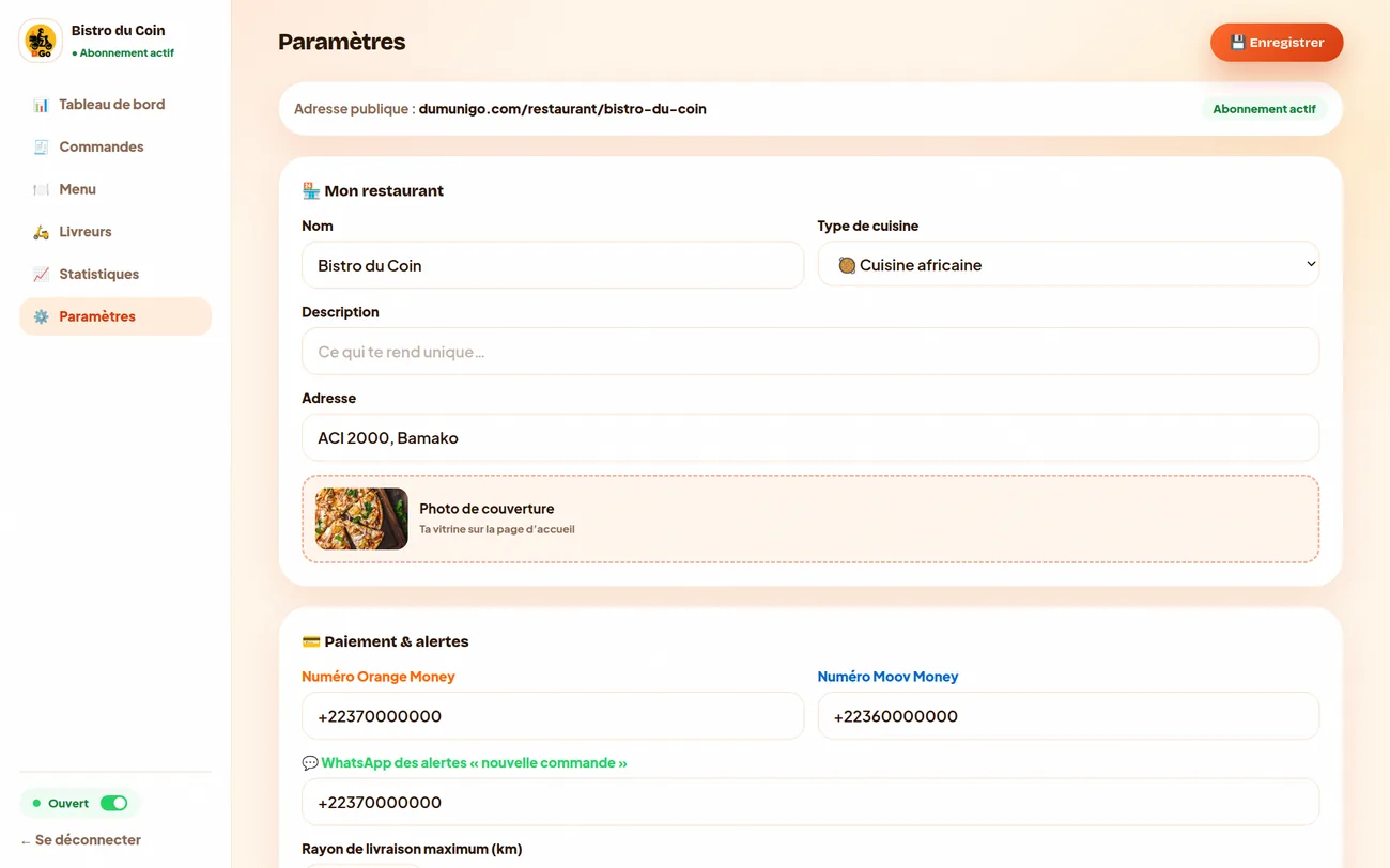 Paramètres du restaurant