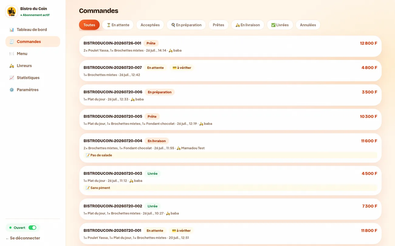 Liste des commandes