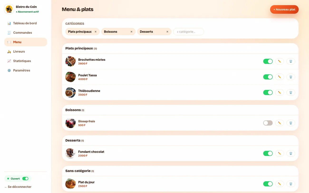 Gestion du menu et des plats