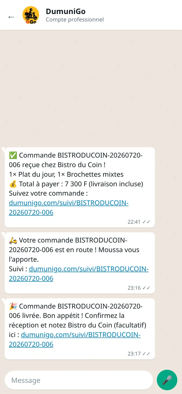 Notifications WhatsApp reçues par le client