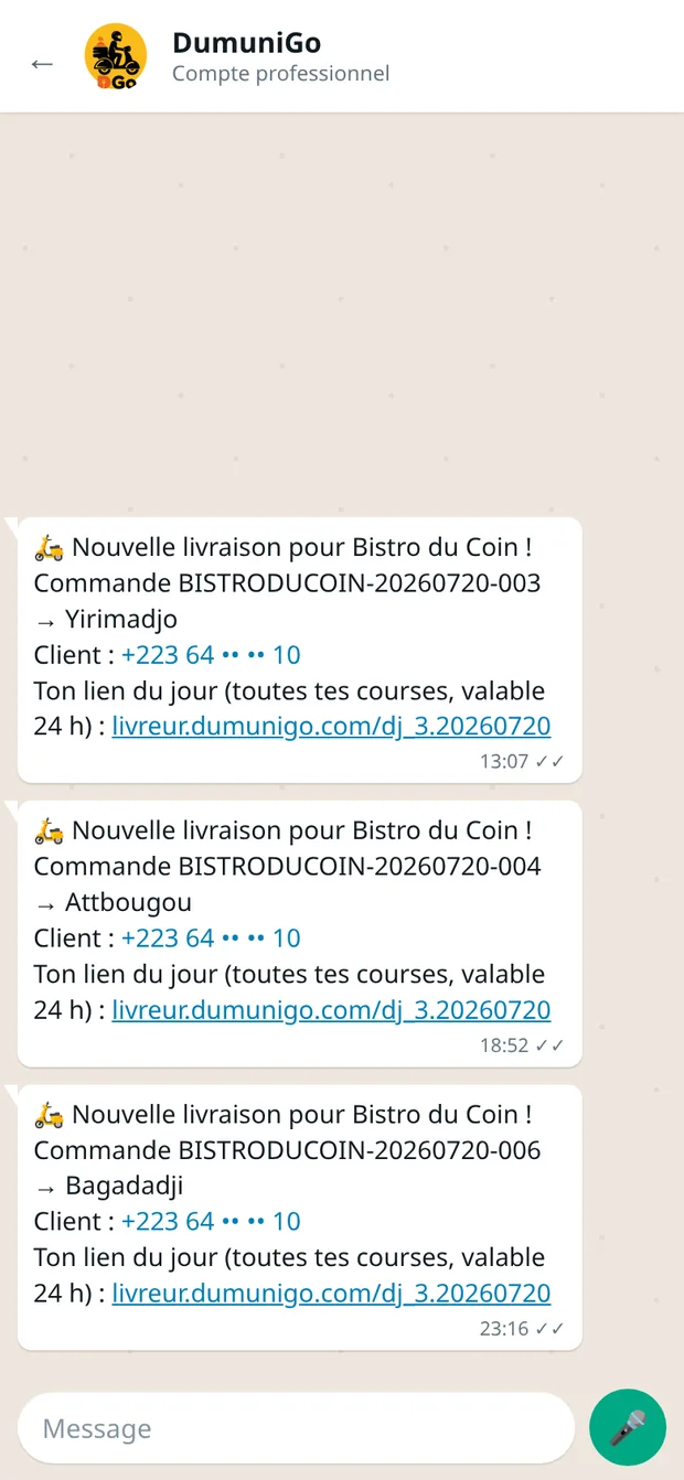 Lien de course envoyé au livreur