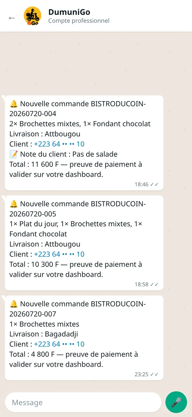 Alertes WhatsApp du restaurant